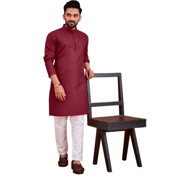 Men's Cotton Blend Solid Full Sleeve Knee Length Kurta (Maroon)