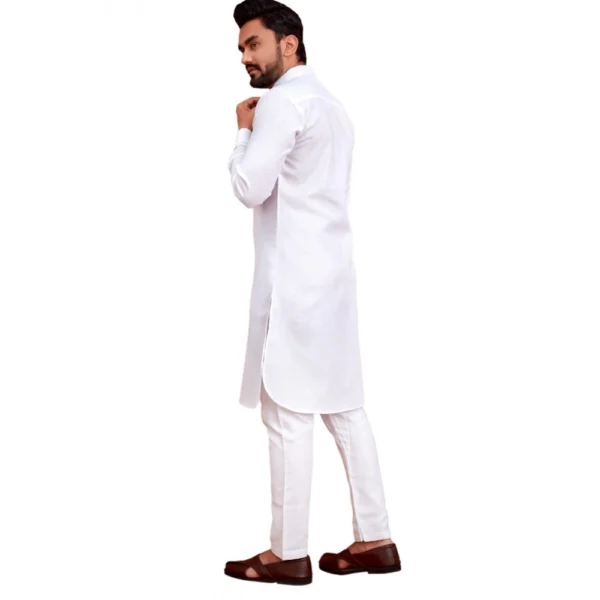 Men's Cotton Blend Solid Full Sleeve Knee Length Kurta (White)