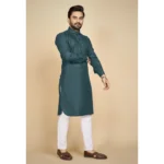 Men's Cotton Blend Solid Full Sleeve Knee Length Kurta (Green)