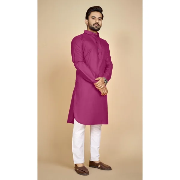 Men's Cotton Blend Solid Full Sleeve Knee Length Kurta (Pink)