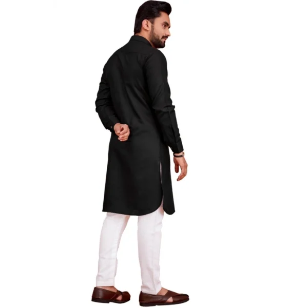 Men's Cotton Blend Solid Full Sleeve Knee Length Kurta (Black)