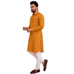 Men's Cotton Blend Solid Full Sleeve Knee Length Kurta (Yellow)