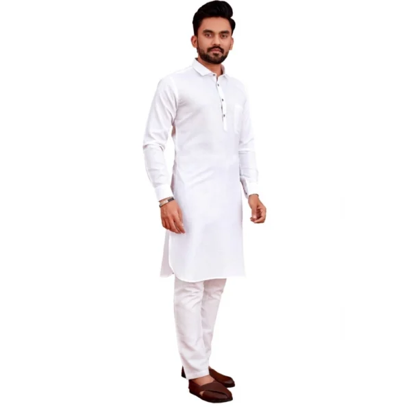 Men's Cotton Blend Solid Full Sleeve Knee Length Kurta (White)