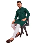 Men's Cotton Blend Solid Full Sleeve Knee Length Kurta (Dark Green)