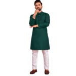 Men's Cotton Blend Solid Full Sleeve Knee Length Kurta (Dark Green)