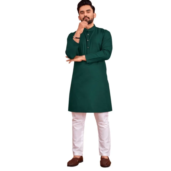 Men's Cotton Blend Solid Full Sleeve Knee Length Kurta (Dark Green)