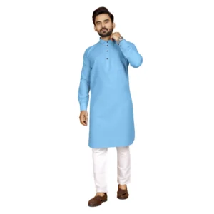 Men's Cotton Blend Solid Full Sleeve Knee Length Kurta (Light Blue)