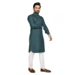 Men's Cotton Blend Solid Full Sleeve Knee Length Kurta (Green)