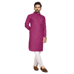 Men's Cotton Blend Solid Full Sleeve Knee Length Kurta (Pink)