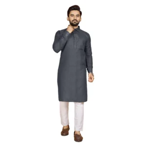 Men's Cotton Blend Solid Full Sleeve Knee Length Kurta (Black)