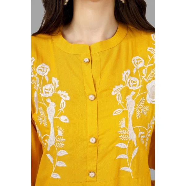 Women's Embroidered Calf Length Rayon Kurti (Yellow)