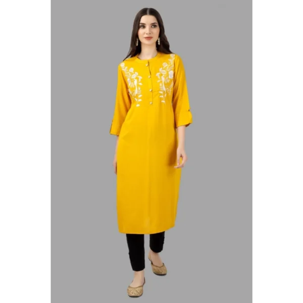 Women's Embroidered Calf Length Rayon Kurti (Yellow)