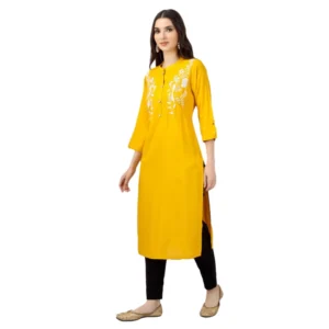 Women's Embroidered Calf Length Rayon Kurti (Yellow)