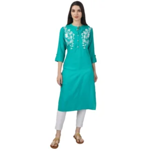 Women's Embroidered Calf Length Rayon Kurti (Turquoise )