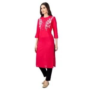 Women's Embroidered Calf Length Rayon Kurti (Pink)