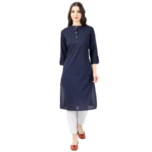 Women's Solid Calf Length Cotton Kurti (Blue)