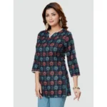 Women's Casual 3/4 Sleeves Printed Rayon Short Top (Navy Blue)