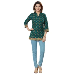 Women's Casual 3/4 Sleeves Printed Rayon Short Top (Green)