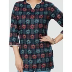 Women's Casual 3/4 Sleeves Printed Rayon Short Top (Navy Blue)