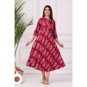 Women's Casual 3/4 Sleeve Printed Rayon Anarkali Gown (Maroon)