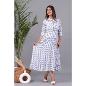 Women's Casual 3/4 Sleeve Printed Rayon Anarkali Gown (White)