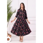 Women's Casual 3/4 Sleeve Printed Rayon Anarkali Gown ( Black)