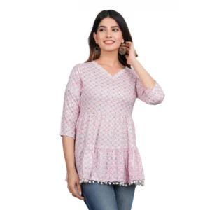 Women's Casual 3/4 Sleeve Printed Rayon Top (Pink)