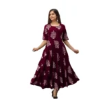 Women's Casual Half Sleeve Floral Printed Rayon Anarkali Gown (Brown)