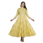 Women's Casual 3/4 Sleeve Floral Printed Rayon Anarkali Gown (Yellow)