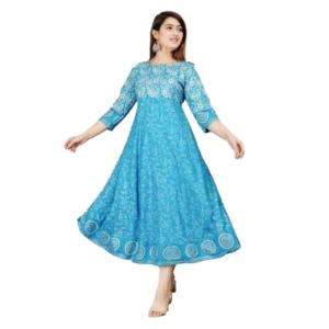 Women's Casual 3/4 Sleeve Printed Rayon Anarkali Gown (Blue)