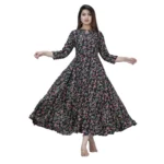 Women's Casual 3/4 Sleeve Printed Rayon Anarkali Gown (Black)