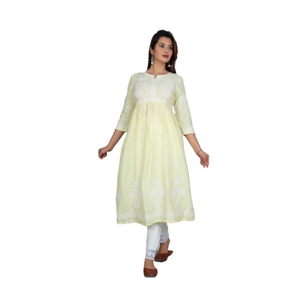 Women's Casual 3/4 Sleeve Embroidered Rayon Kurti Set (Yellow)