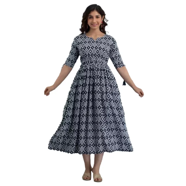 Women's Casual 3/4 Sleeve Printed Rayon Anarkali Gown (Blue)