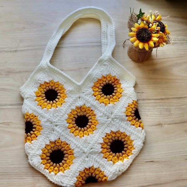 Crochet sunflower tote bag