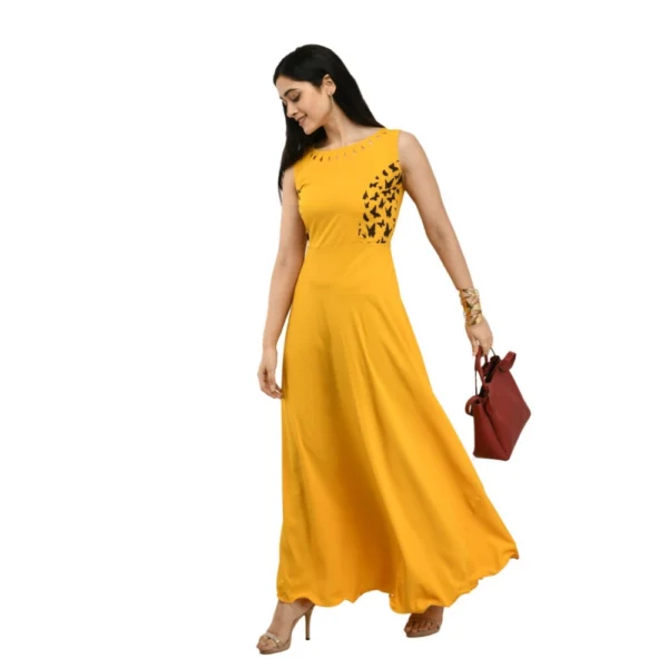 Women's Crepe Solid Sleeveless Full Length Gown(Yellow)