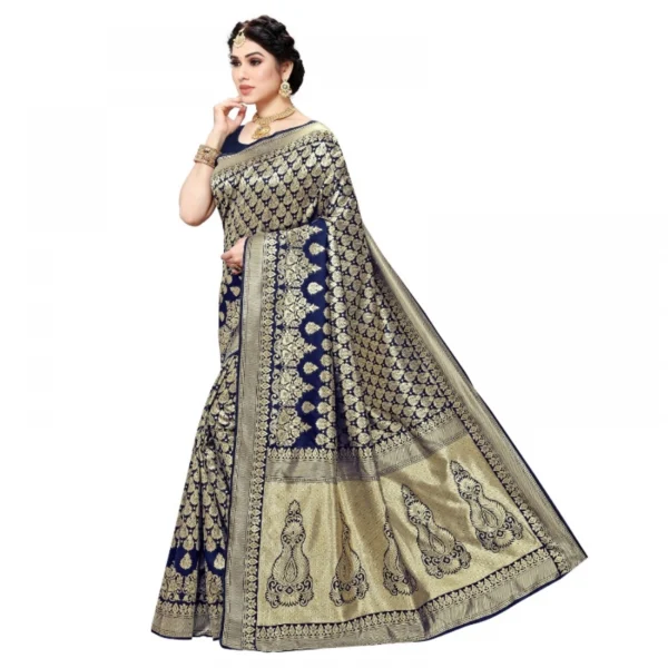 Women's Jacquard Silk Kanjivaram Jacquard Silk Saree With Blouse (Navy Blue, 5-6 Mtrs)