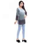 Women's Quarter Sleeve Faux Crepe Printed Short Kurti Tunic Top (Color:Grey)