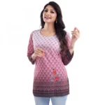 Women's Quarter Sleeve Faux Crepe Printed Short Kurti Tunic Top (Color:Pink)