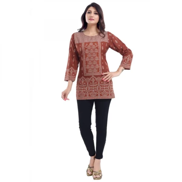 Women's Quarter Sleeve Faux Crepe Printed Short Kurti Tunic Top (Color:Rust)