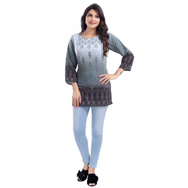 Women's Quarter Sleeve Faux Crepe Printed Short Kurti Tunic Top (Color:Grey)