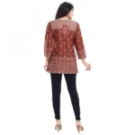 Women's Quarter Sleeve Faux Crepe Printed Short Kurti Tunic Top (Color:Rust)