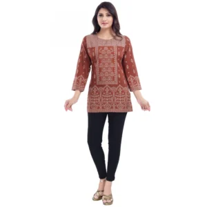 Women's Quarter Sleeve Faux Crepe Printed Short Kurti Tunic Top (Color:Rust)