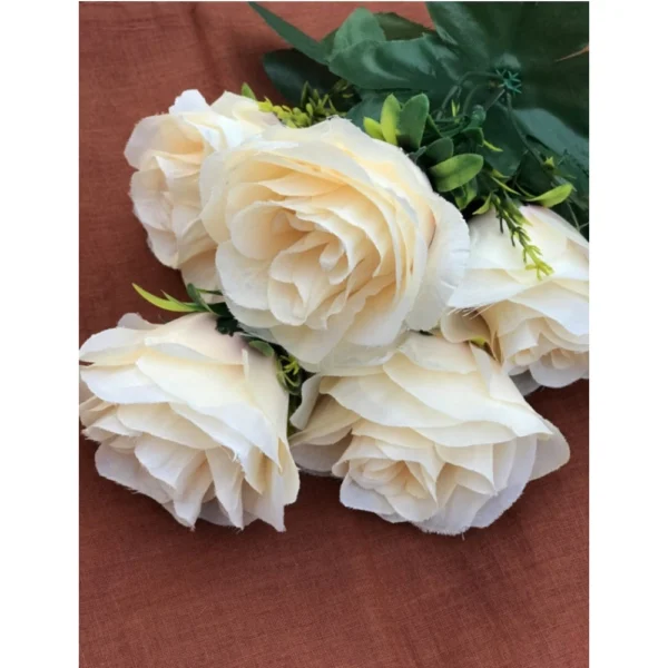 Artificial Flowers Bunch Bouquet Of 5 Champagne Roses For Home Decoration (Color: Cream, Material: Silk Polyester)