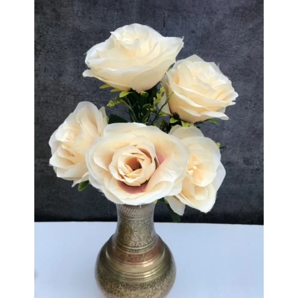 Artificial Flowers Bunch Bouquet Of 5 Champagne Roses For Home Decoration (Color: Cream, Material: Silk Polyester)