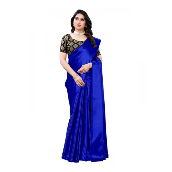 Women's Satin Saree With Blouse (Royal Blue, 5-6mtrs)