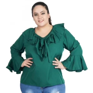 Women's Casual Bell Sleeve Solid Green Top (Color:Green, Material:Georgette)