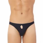 Men's Cotton Spandex Brief Thong Front Open Hole Notch Underwear (Black)