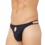 Men's Cotton Spandex Brief Thong Front Open Hole Notch Underwear (Black)