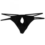 Men's Cotton Spandex Brief Thong Front Open Hole Notch Underwear (Black)