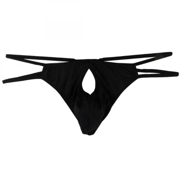 Men's Cotton Spandex Brief Thong Front Open Hole Notch Underwear (Black)